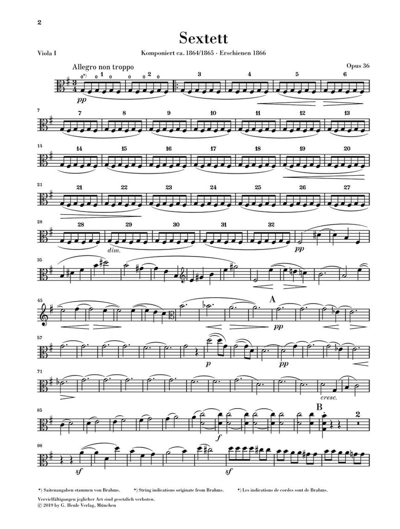 Brahms String Sextet No. 2 in G Major, Op. 36 Sheet Music – Parts