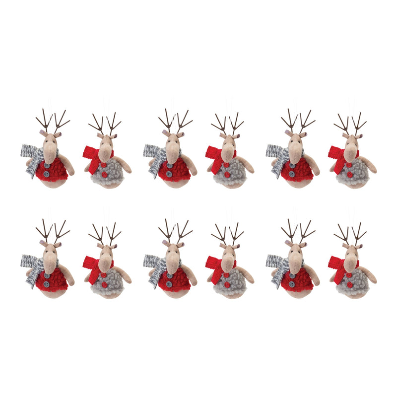 Plush Deer with Sweater Ornament (Set of 12)