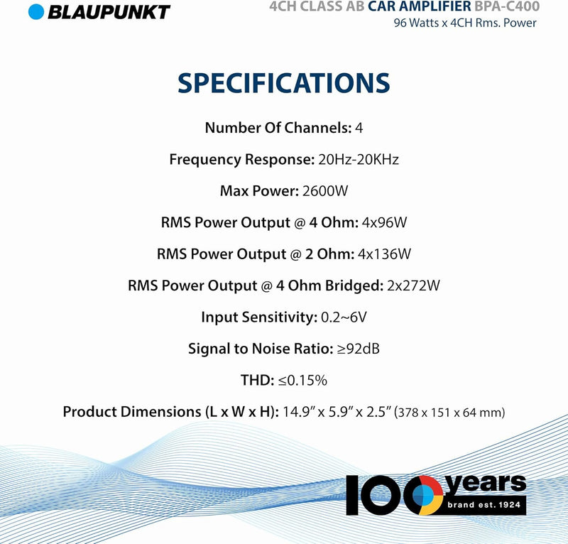 Blaupunkt BPA‑C400 4‑Channel Class AB Car Amplifier 136 W × 4 RMS 2 Ohm