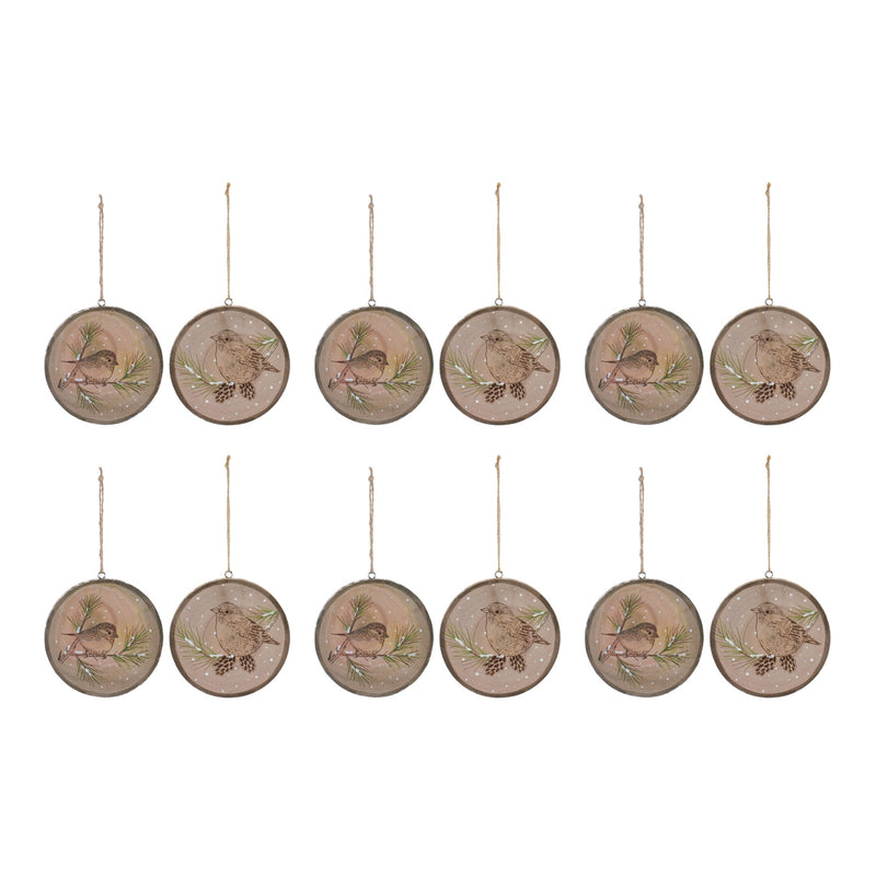 Wood Bird Tree Disc Ornament (Set of 12)