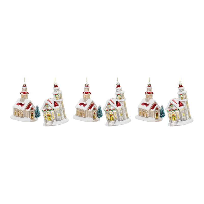 Glittered Glass Church Ornament (Set of 6)