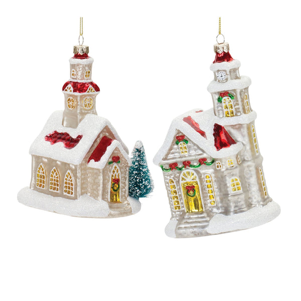 Glittered Glass Church Ornament (Set of 6)