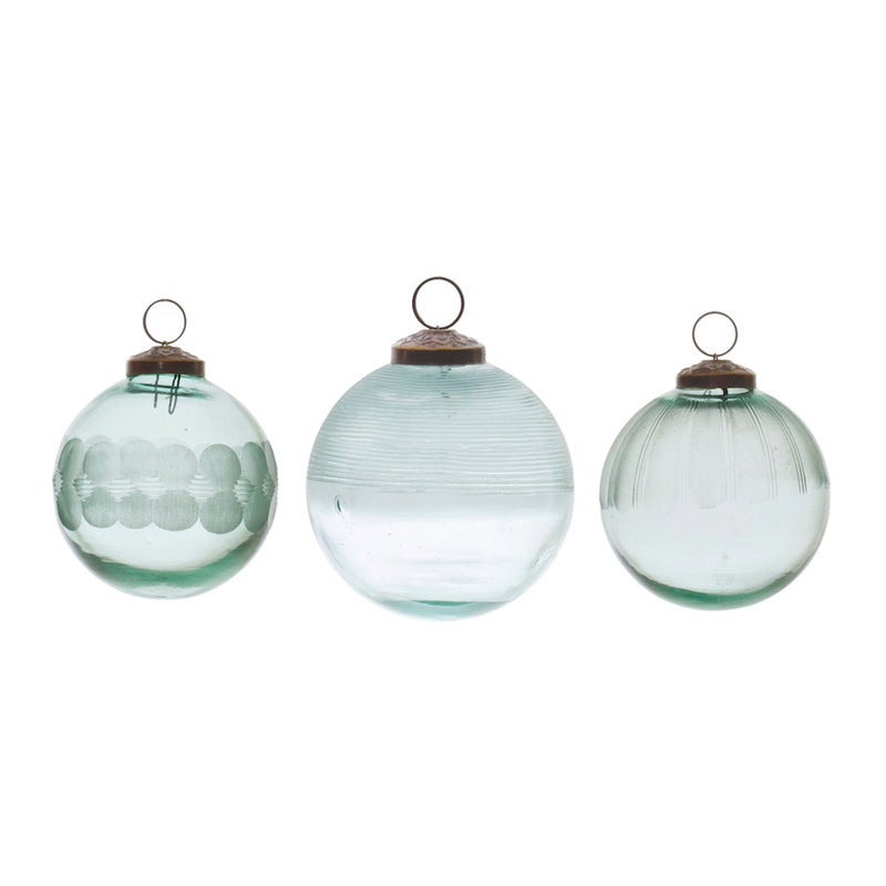 Blue Etched Glass Ball Ornament (Set of 12)