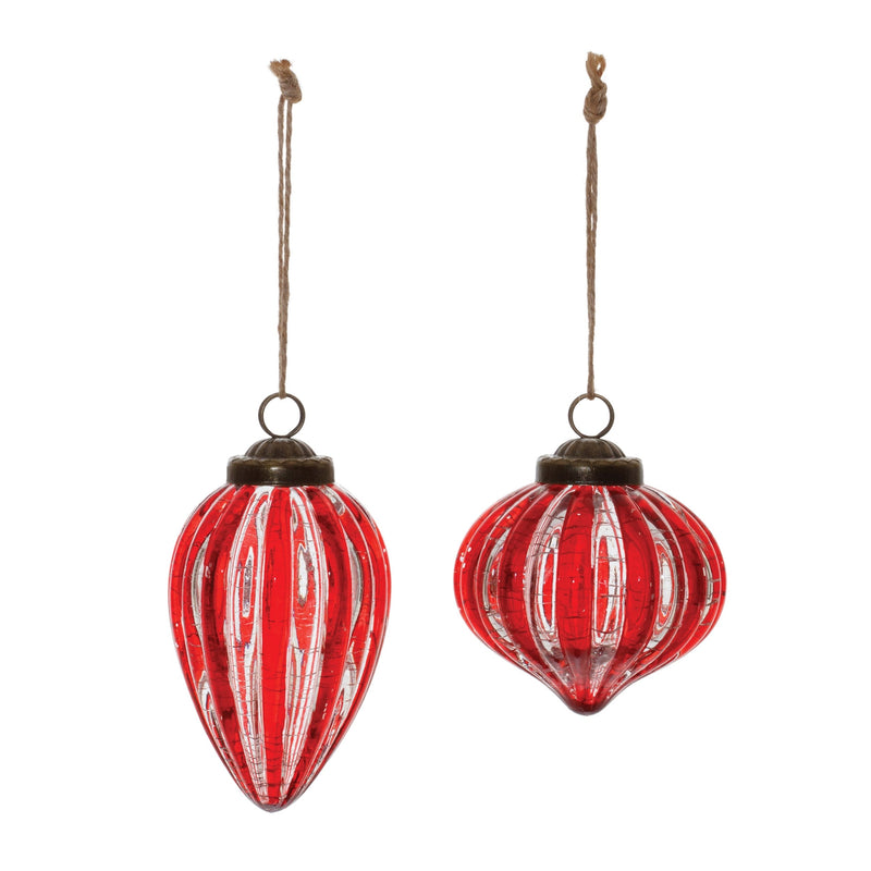 Red Ribbed Crackle Glass Ornament (Set of 6)