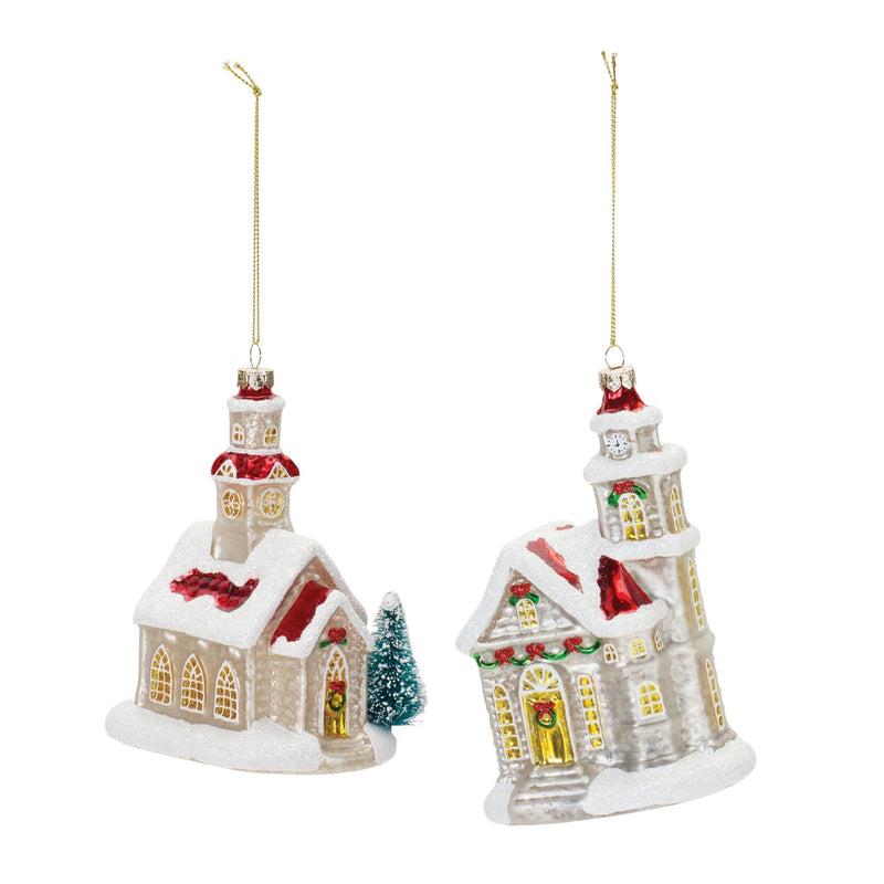 Glittered Glass Church Ornament (Set of 6)