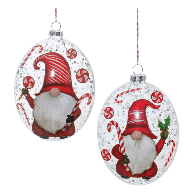 Glass Peppermint Gnome Disc Ornament (Set of 12)