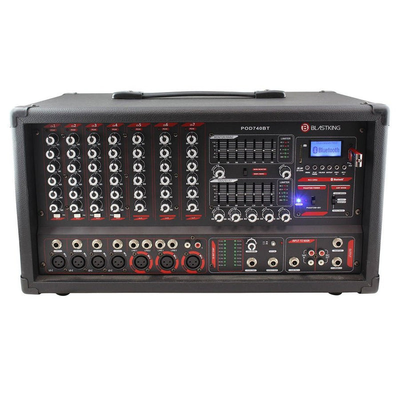 BlastKing POD740BT 7-Channel Powered Mixer with Bluetooth, MP3 Player, and EQ