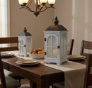 White Wood Lantern with Ornate Frosted Glass (Set of 2)