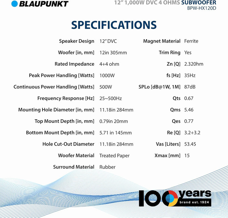Blaupunkt BPW-HX120D 12" 1000W Dual Voice Coil Car Subwoofer
