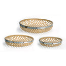 Melrose Round Woven Bamboo Tray with Galvanized Metal Accent (Set of 3)