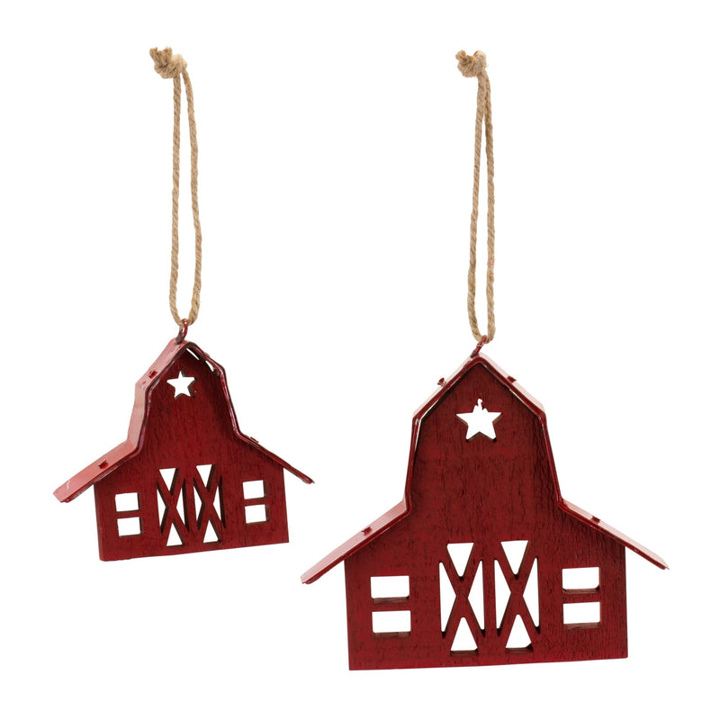 Rustic Wooden Barn Ornament with Metal Accent and Jute Hanger (Set of 24)