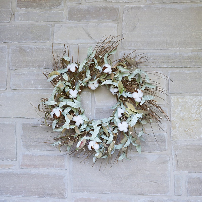 Cotton and Leaf Twig Wreath 28"D