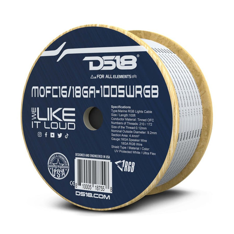 DS18 Marine-grade 18 GA RGB + 16 GA Speaker Wire – 100 ft (OFC, Tinned) – MOFC1618GA100S