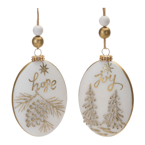 Glittered Glass Hope and Joy Ornament with Wood Beads (Set of 12)