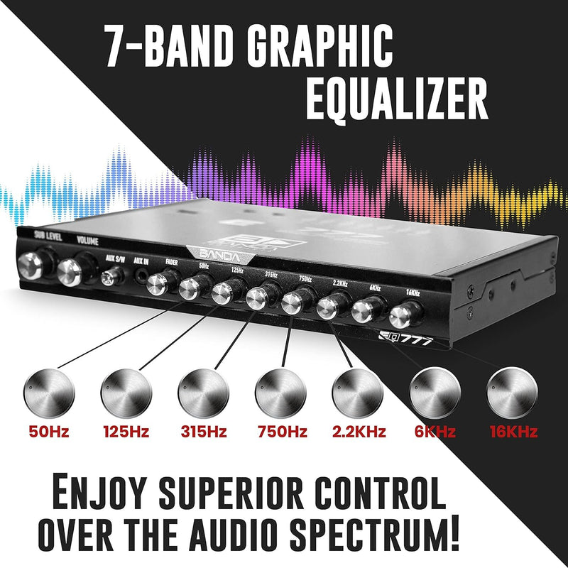 Banda 1/2 DIN Seven Band Graphic Car Equalizer Crossover w/ Front Aux - EQ777