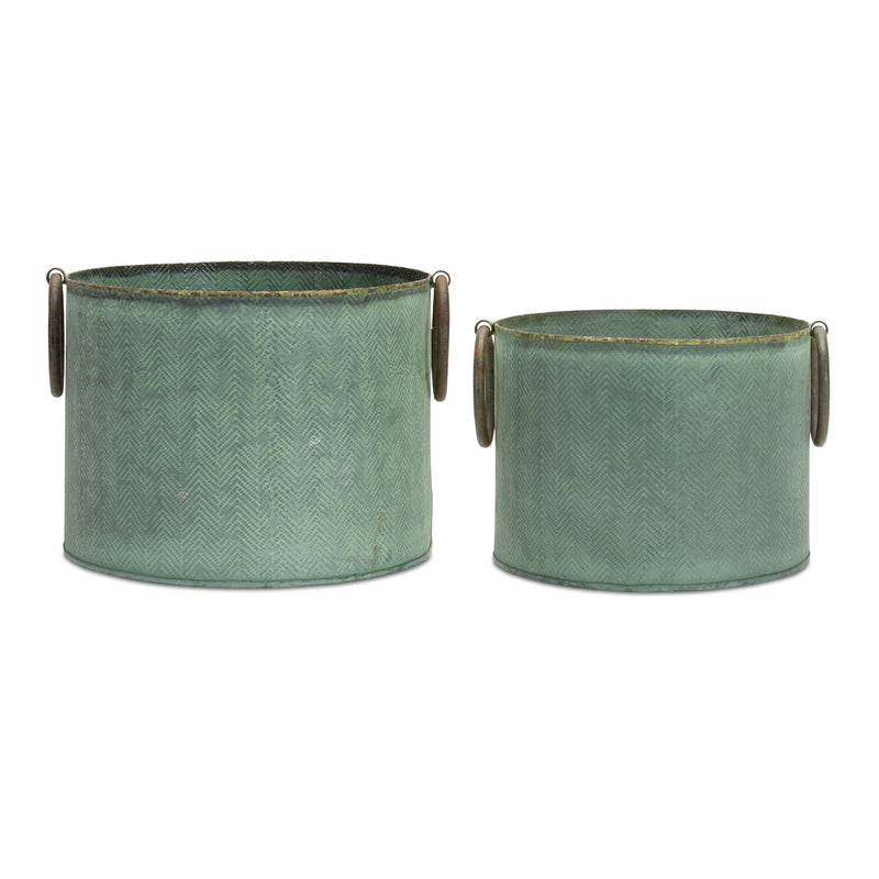 Round Metal Tub Planter with Distressed Green Finish (Set of 2)