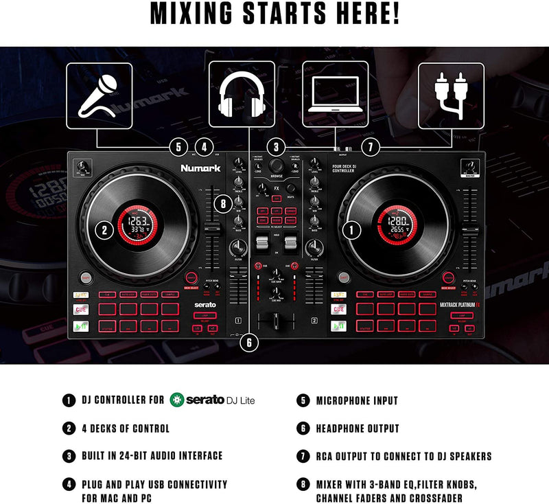 Numark Mixtrack Platinum FX - DJ Controller For Serato DJ with 4 Deck Control