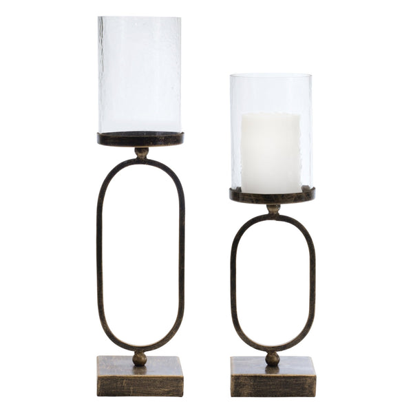 Modern Metal Candle Holder with Glass Hurricane (Set of 2)