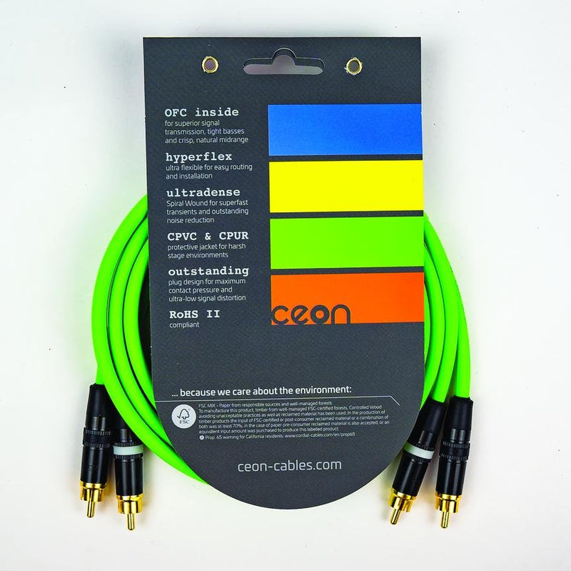 Cordial 10' DJ Dual - Stereo RCA to RCA - Neon Green - CEONDJRCA3G