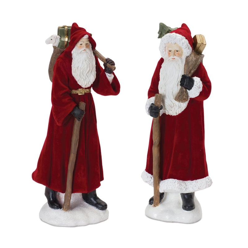 Flocked Santa Figurine with Hood and Staff (Set of 2)