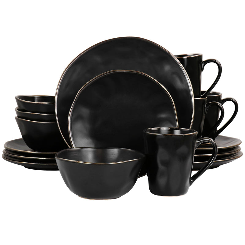 Elama Modern 16 Piece Stoneware Dinnerware Set in Matte Black w/ Gold Rim