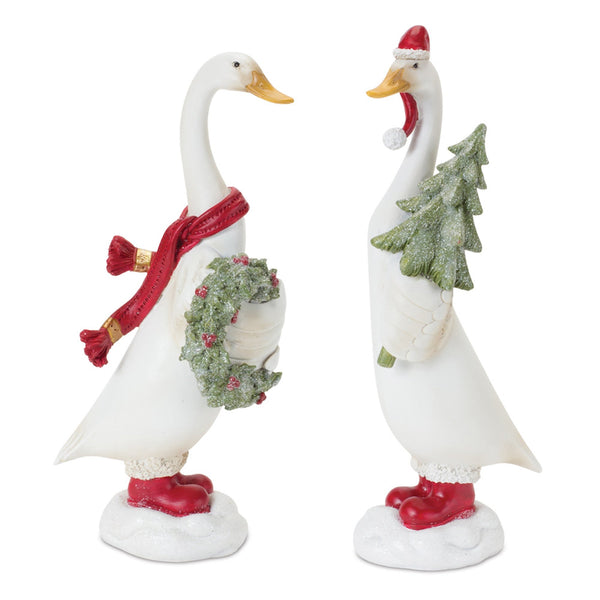 Holiday Goose Figurine with Wreath and Tree Accent (Set of 2)