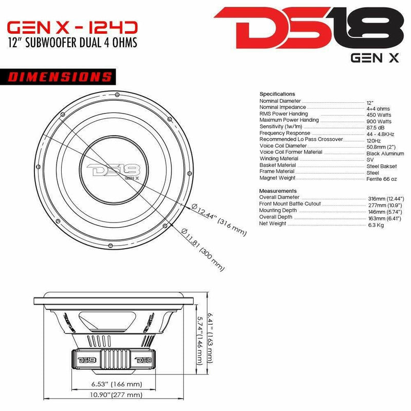 DS18 GEN-X124D 12" Subwoofer Black - 900W Max Power, 450W RMS