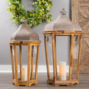 Tapered Wooden Floor Lantern with Rustic Metal Lid (Set of 2)