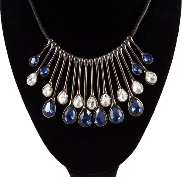 Statement Necklace w/ Blue & Clear Teardrop Crystals - 17" Cocktail Evening Bib