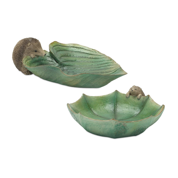 Garden Leaf Bird Bath with Hedgehog Accent (Set of 2)