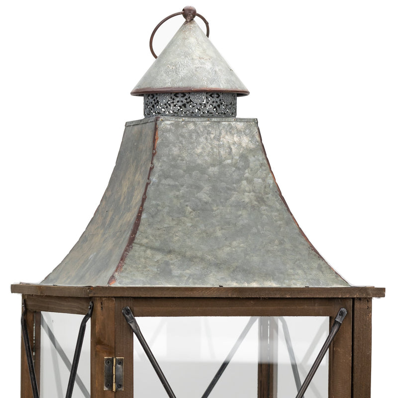 Rustic Wood Lantern with Galvanized Metal Lid (Set of 2)