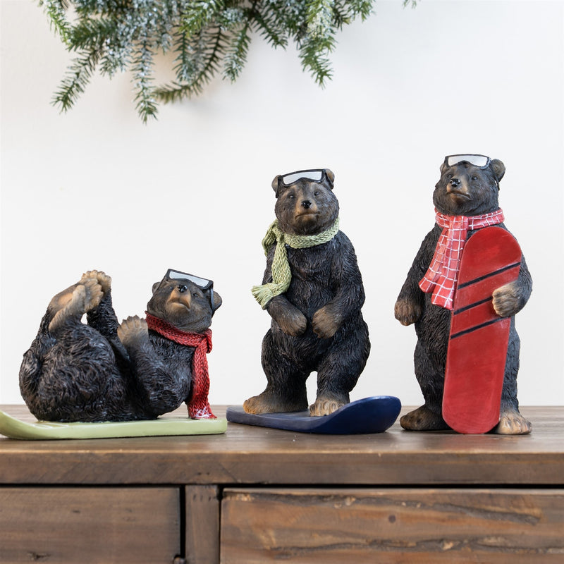 Black Bear Figurine with Snow Board Accent (Set of 3)