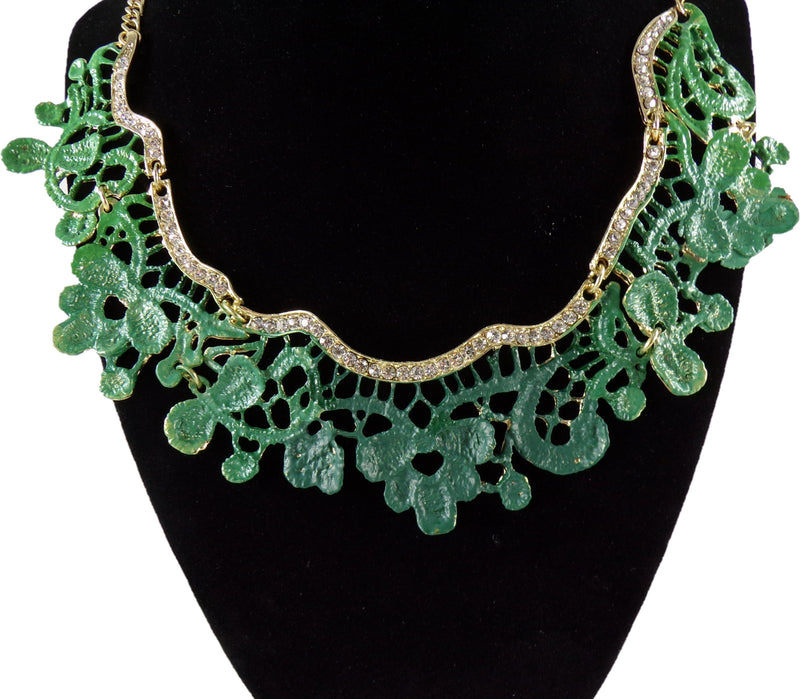 Statement Necklace Bib Green w/ Clear Rhinestones - 18" Chain Length