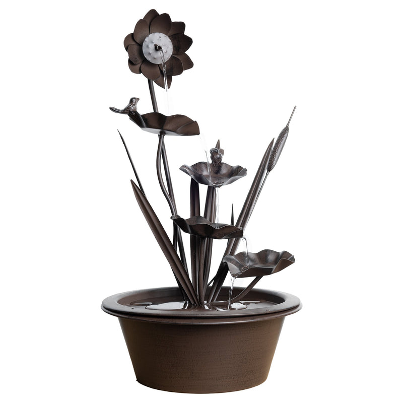 Brushed Metal Floral Fountain with Bird Accents 24"H