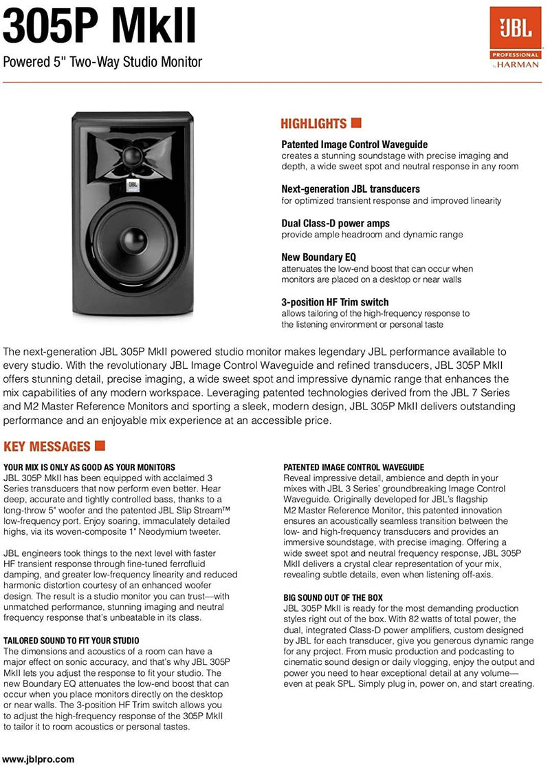 JBL Powered 5" Two-Way Studio Monitor - 305PMKII (Single)