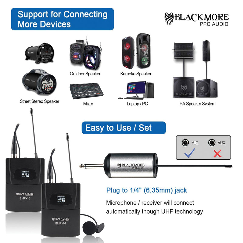 Blackmore Dual Portable Dynamic Lapel Wireless UHF Microphone System - BMP-16