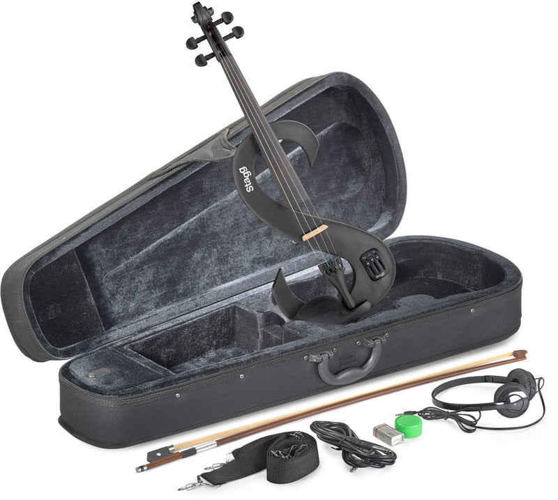 Stagg 4/4 S-Shaped Black Electric Violin Set w/ Soft Case & Headphones