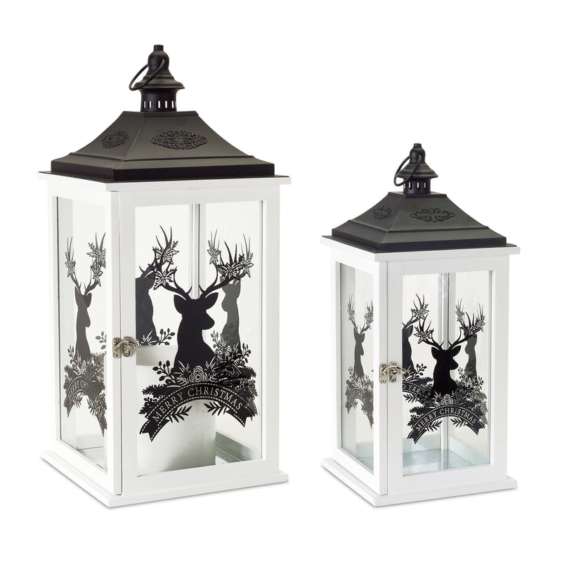 Wood Merry Christmas Lantern with Deer Design (Set of 2)