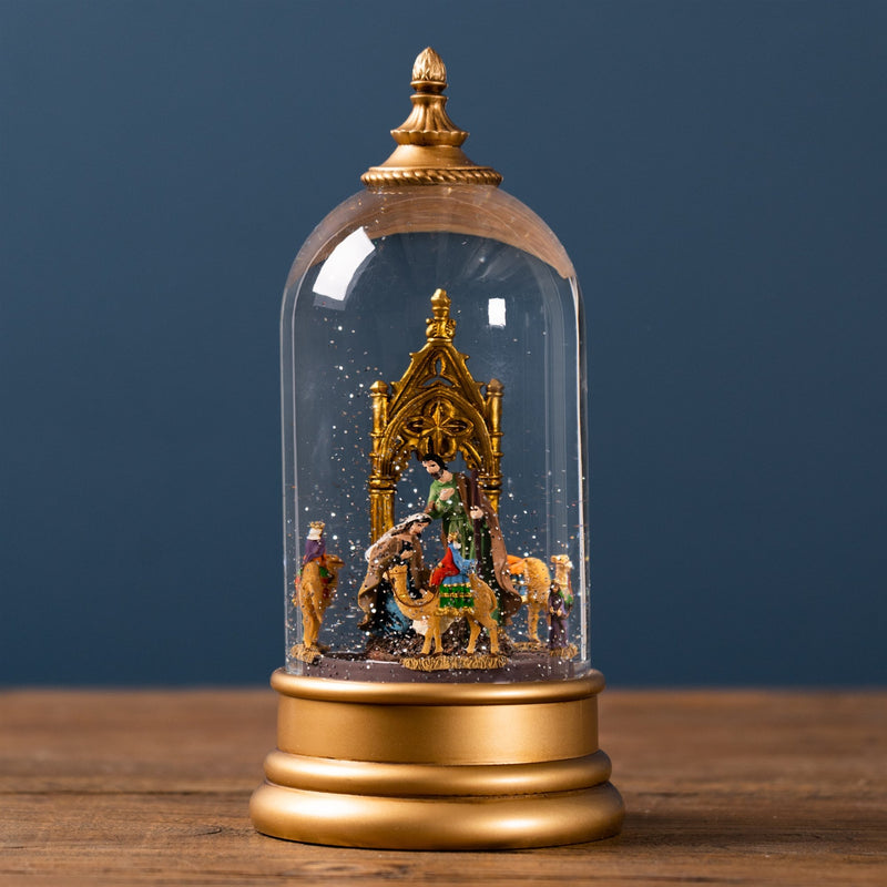 LED Snow Globe Bell Jar with Nativity Scene 10.5"H