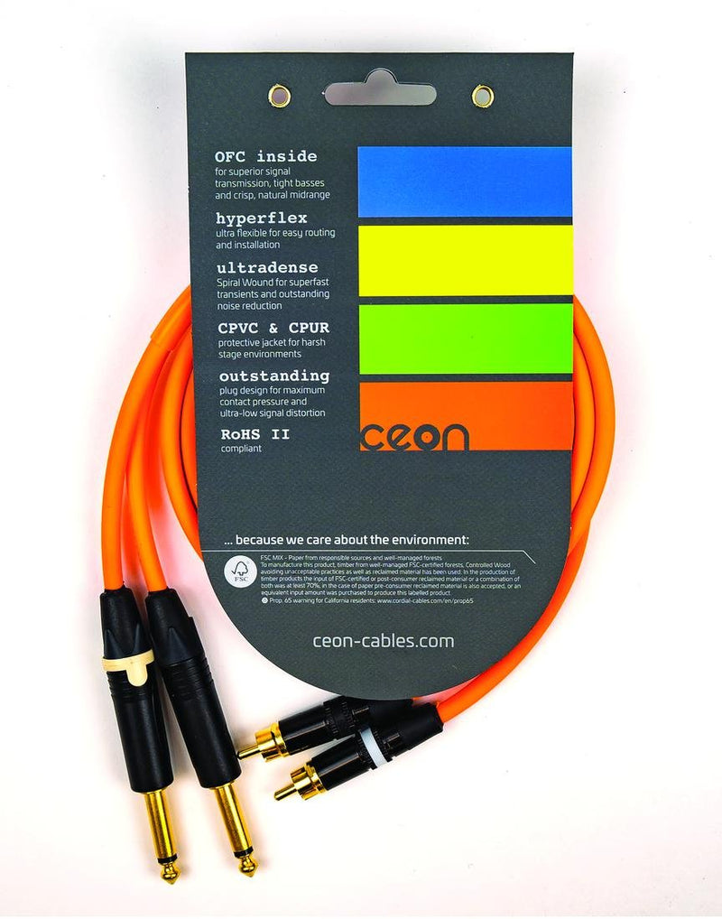 Cordial 10' Hi-Flex DJ Dual - RCA to 1/4″ TS - Neon Orange - CEONDJPLUG-RCA3O