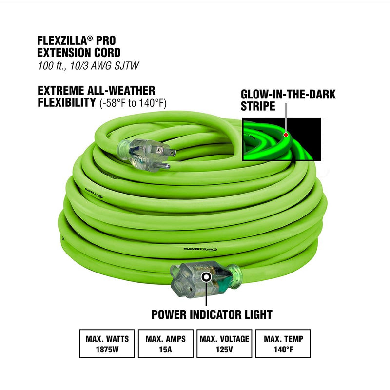 Flexzilla® Pro Extension Cord 10/3 AWG SJTW 100' Outdoor Lighted Plug FZ512935