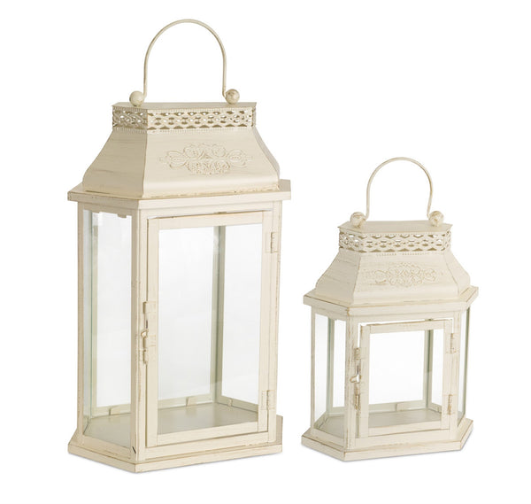 Ivory Metal Lantern with Embellished Lid (Set of 2)