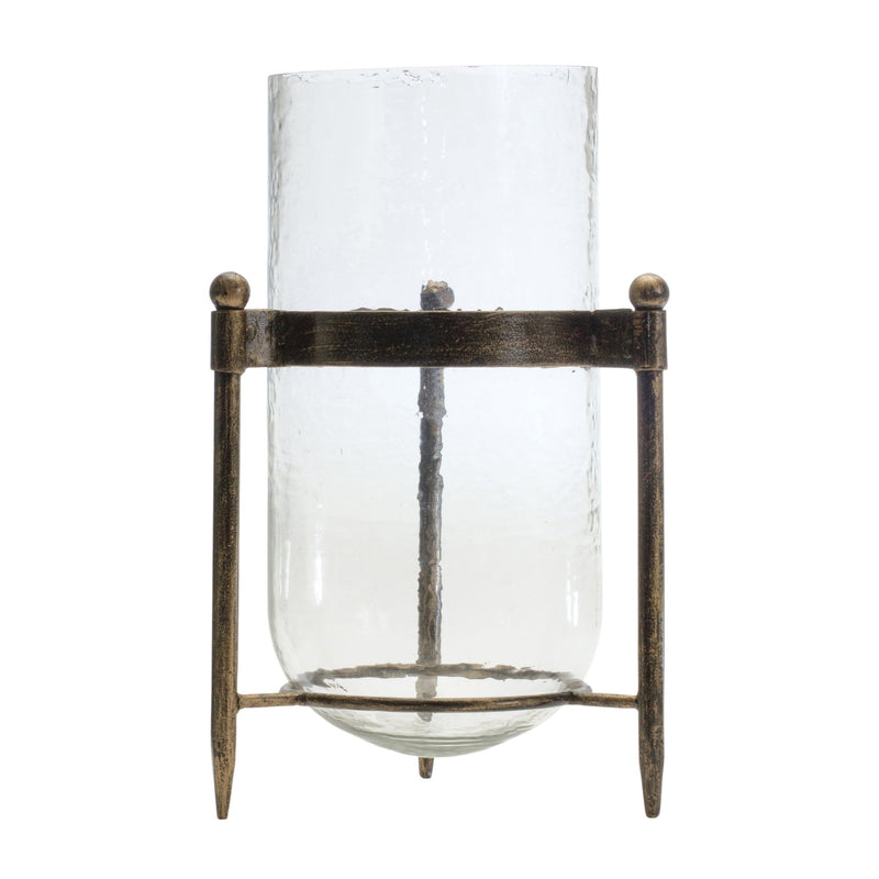 Glass Hurricane Candle Holder in Metal Stand 13.5"H