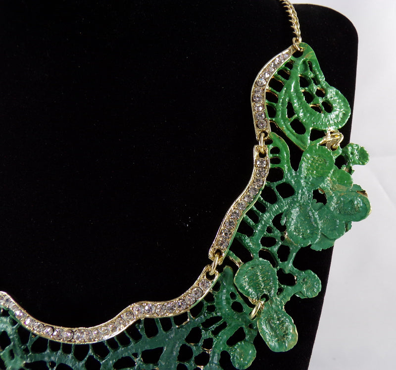 Statement Necklace Bib Green w/ Clear Rhinestones - 18" Chain Length