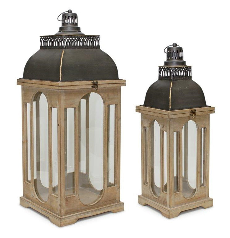 Natural Wooden Lantern with Distressed Metal Lid and Ornate Design (Set of 2)