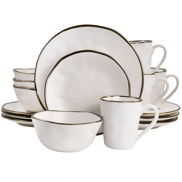 Elama Modern 16 Piece Stoneware Dinnerware Set in Matte White w/ Gold Rim