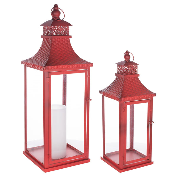 Traditional Lantern with Hammered Metal Lid (Set of 2)