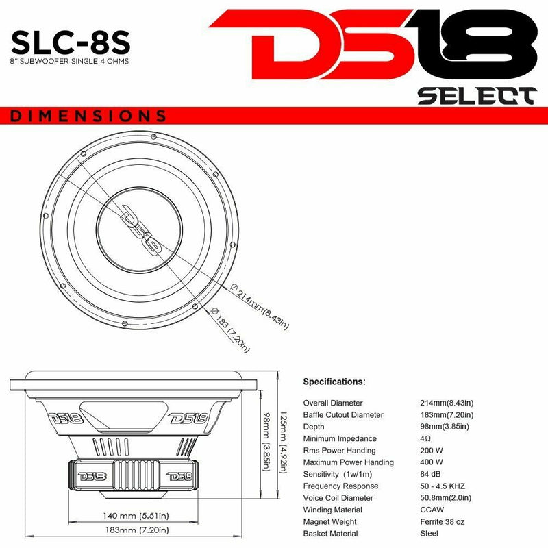 DS18 SLC8S 400W Max 4-Ohm 8" Subwoofer