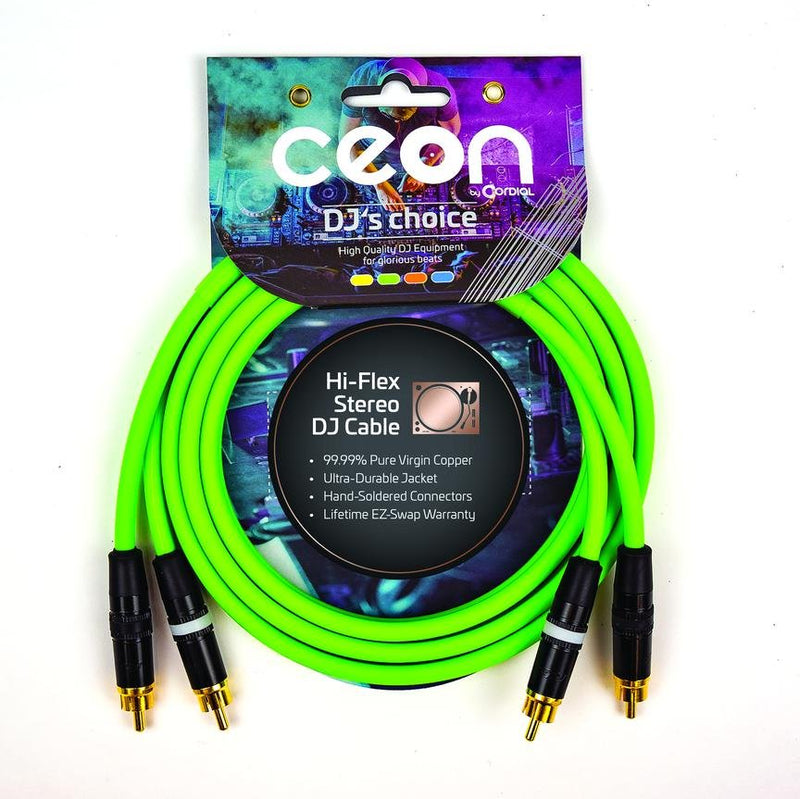Cordial 10' DJ Dual - Stereo RCA to RCA - Neon Green - CEONDJRCA3G