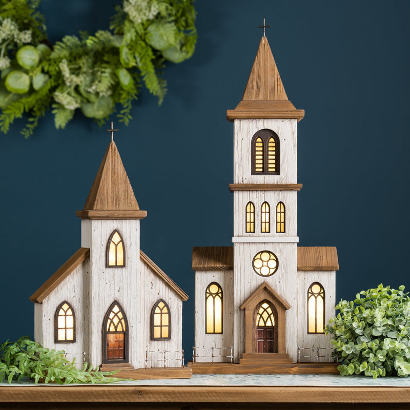 Lighted Natural Wooden Church Display with Rustic Metal Accents 25.25"H